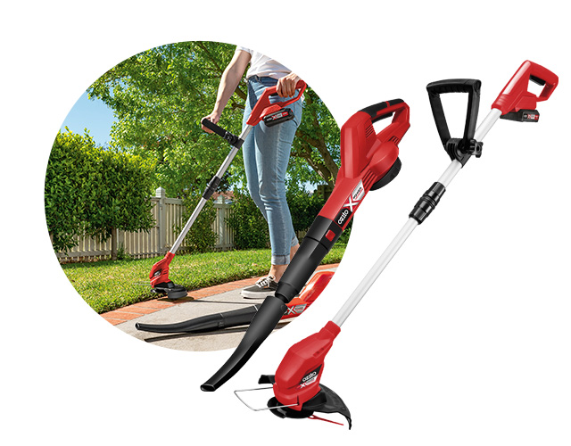 A leaf blower and a cordless scythe