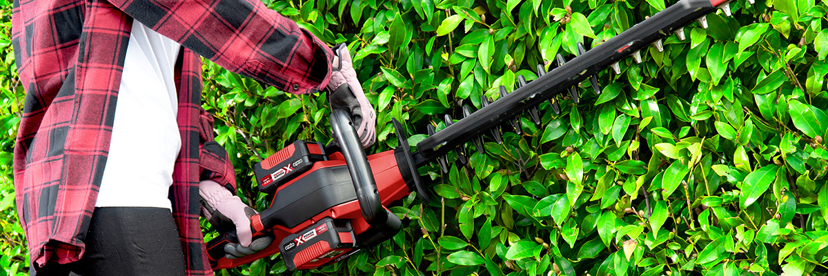 Working with a battery powered hedge saw